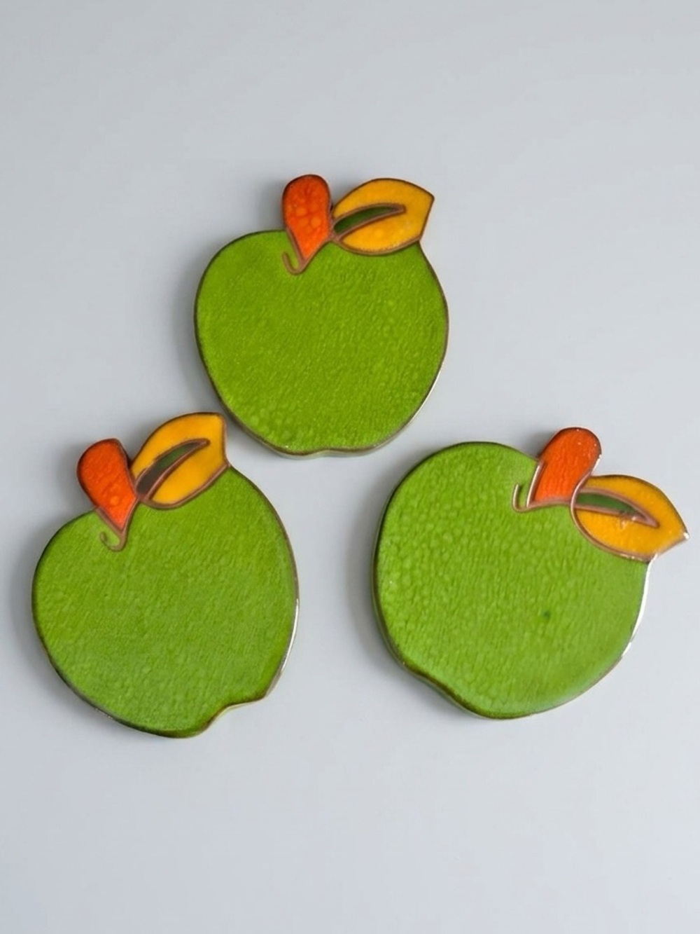 Vintage Green Apple Ceramic Coasters Terracotta Pottery Set 3 Kitchen Decor 70s